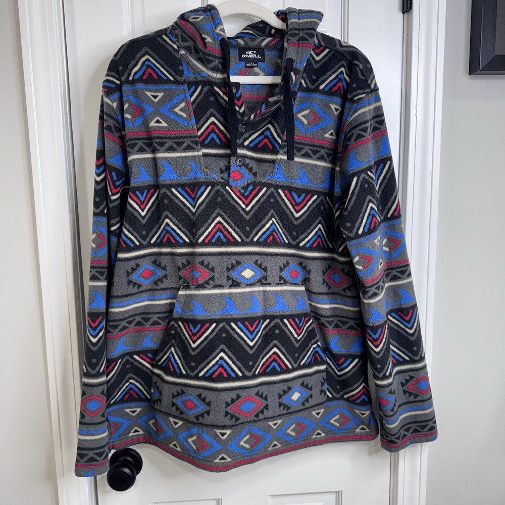 O Neill Hoodie Mens Small Gary Blue Aztec Surf Standard Fit Soft Fleece Pullover